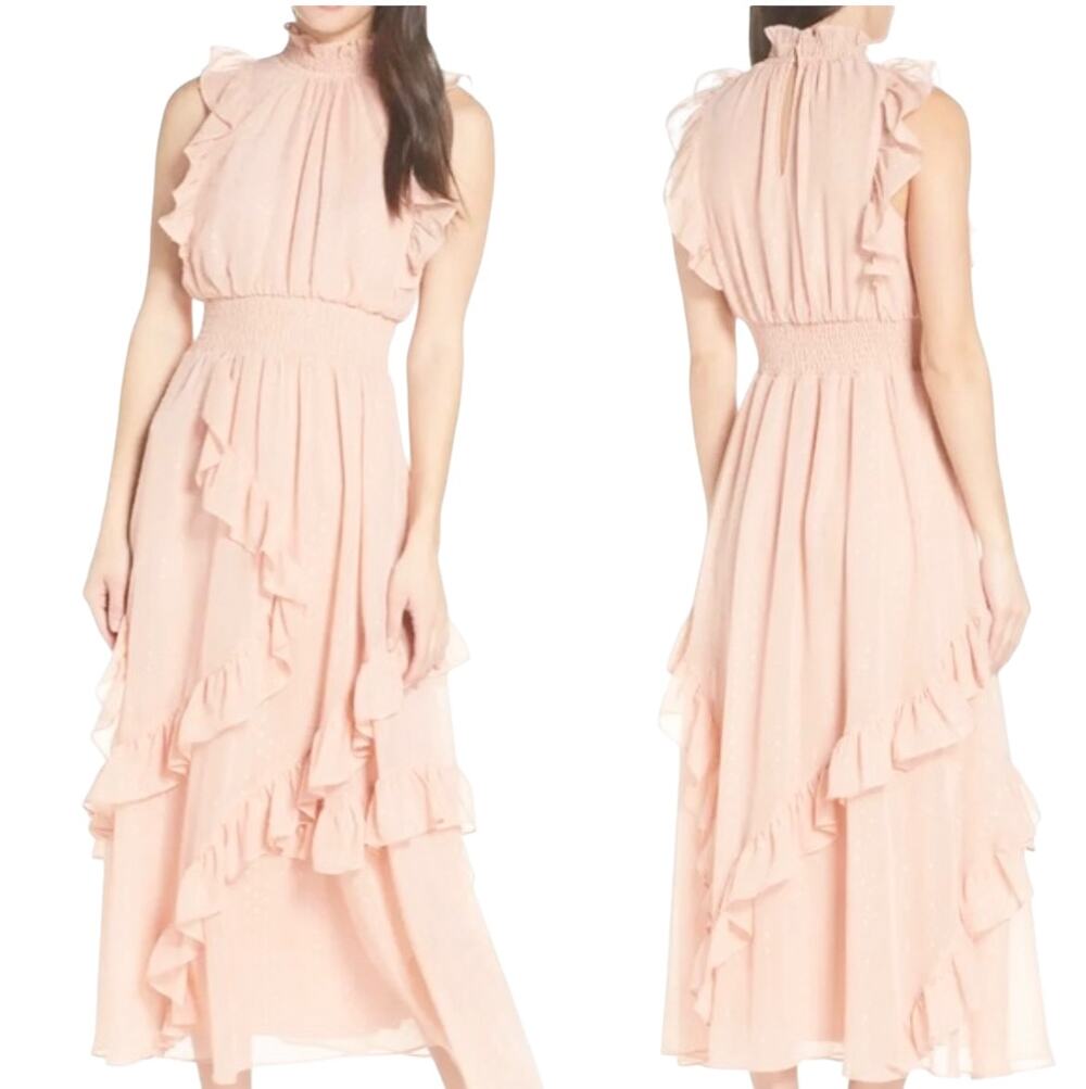 Avec Les Filles Pink Ruffled Smocked Sleeveless Maxi Dress Size 4